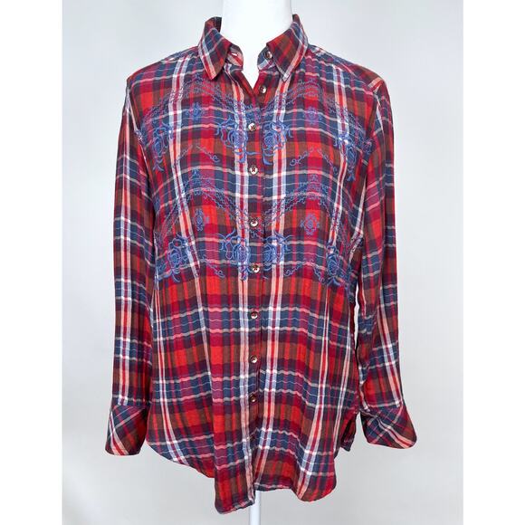 Free People Magical Plaid Embroidered Button Down Top Small Boho Western Fall - Picture 2 of 16